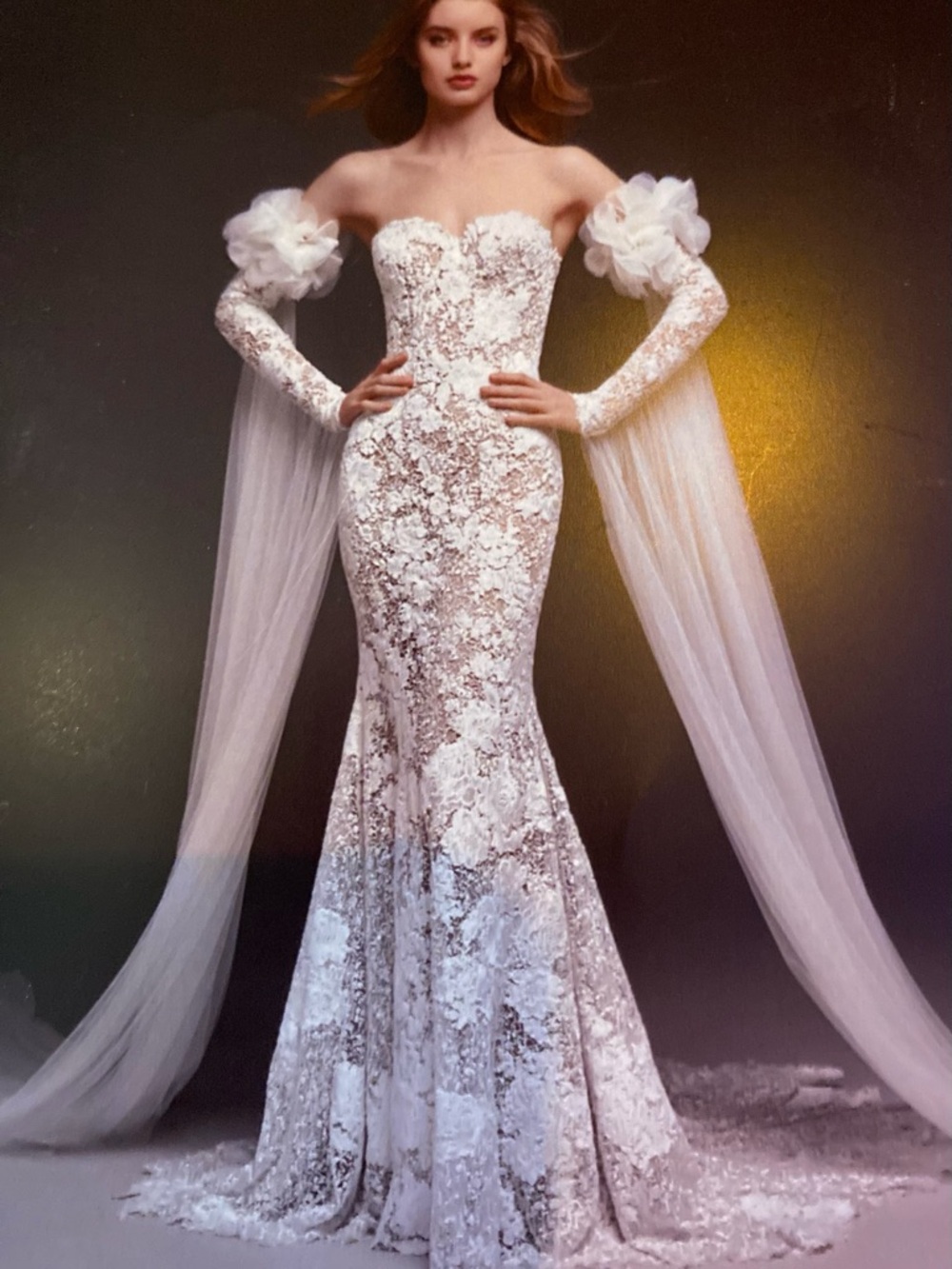 Off-Shoulder White Lace Couture Mermaid Wedding Dress with Dramatic Sleeves